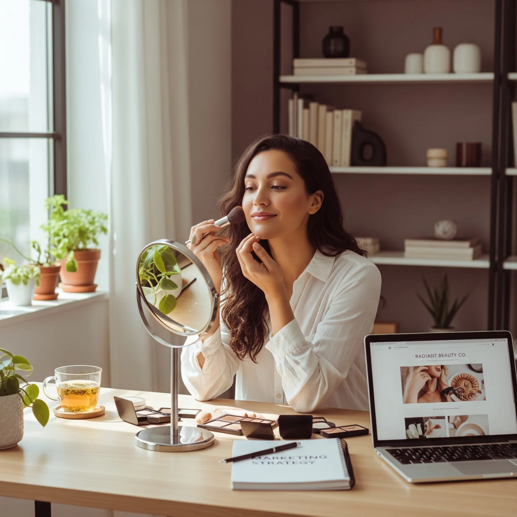 A woman sits at a desk with her laptop open, surrounded by makeup products, focused on her work.