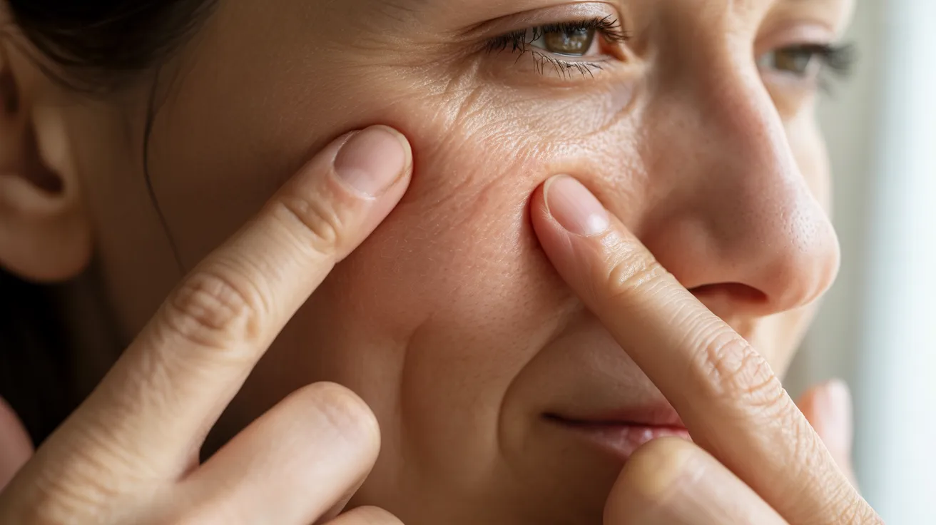 Close-up of a person pressing the skin around their eye, showing fine lines and wrinkles. The image conveys a focus on skincare and aging concerns.