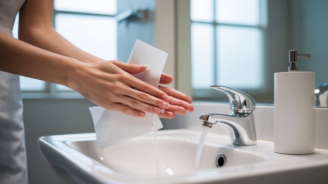 Hands drying with a paper towel over a modern white sink, water running from a chrome faucet. A bottle of soap is beside the sink, conveying cleanliness.