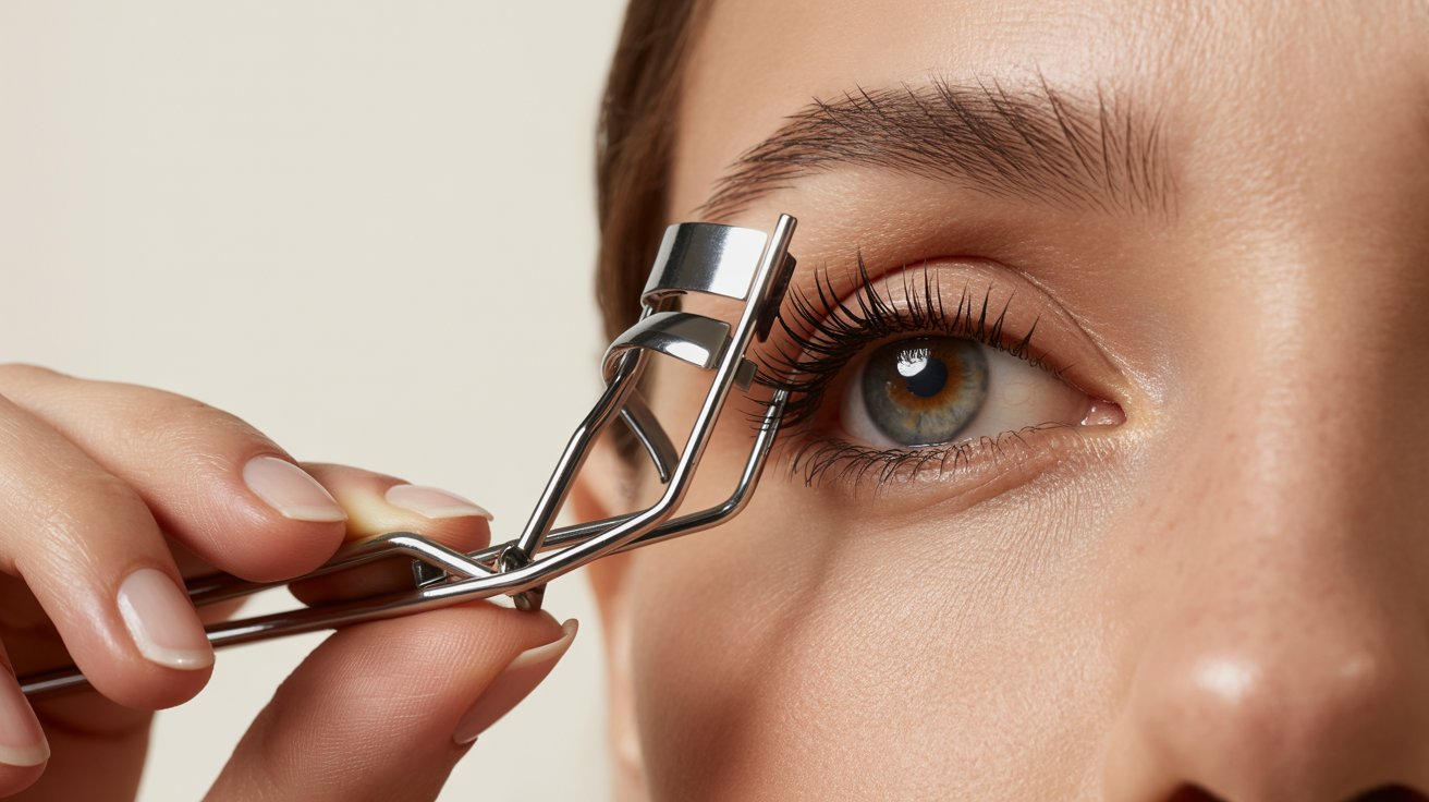 Close-up of a person using a silver eyelash curler on their lashes. The focus is on the eye, showcasing defined lashes and an arched eyebrow.