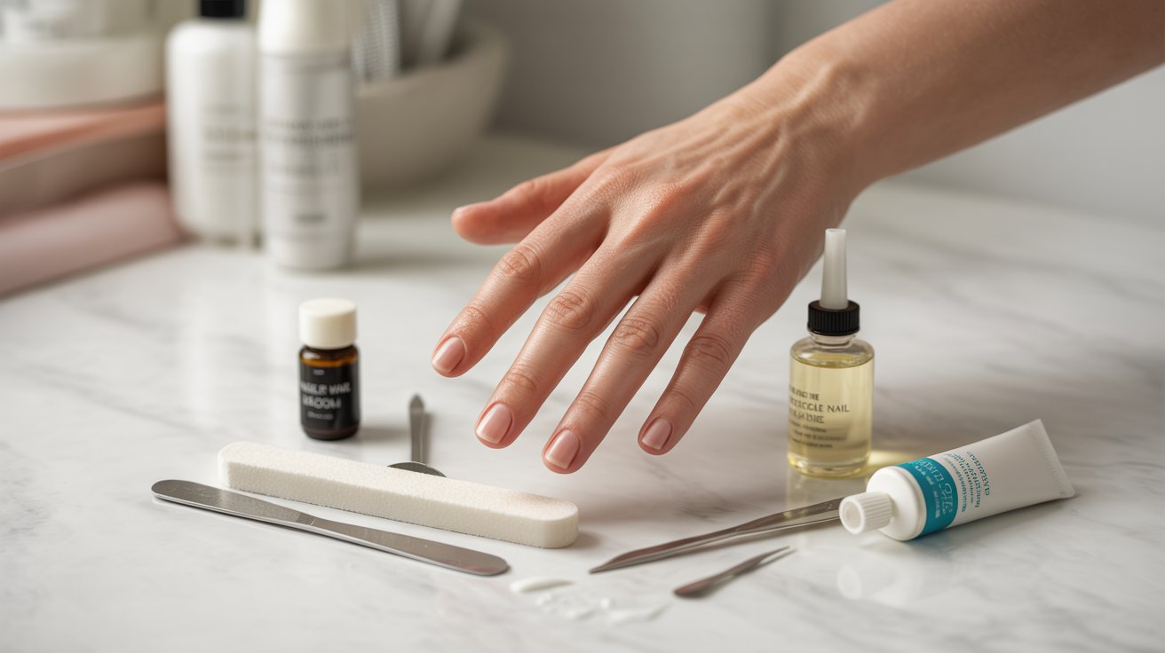 A hand with neatly manicured nails is poised above a marble surface, surrounded by manicure tools, a nail file, cuticle oil, and creams, suggesting a serene self-care routine.