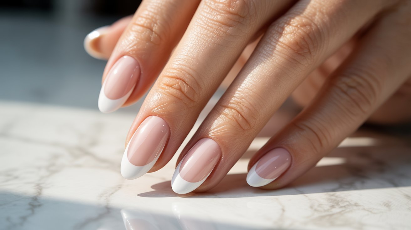 Close-up of a hand with a French manicure, showcasing elegant pink nails with white tips. The marble surface adds a sophisticated touch.