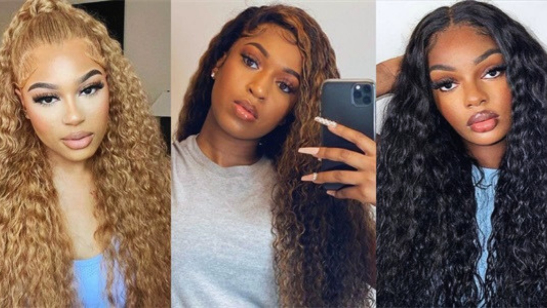 Three women with curly hair in a vertical split image. Left: Light blonde curls, soft expression. Middle: Brown curls, holding a phone, neutral look. Right: Black curls, confident gaze.