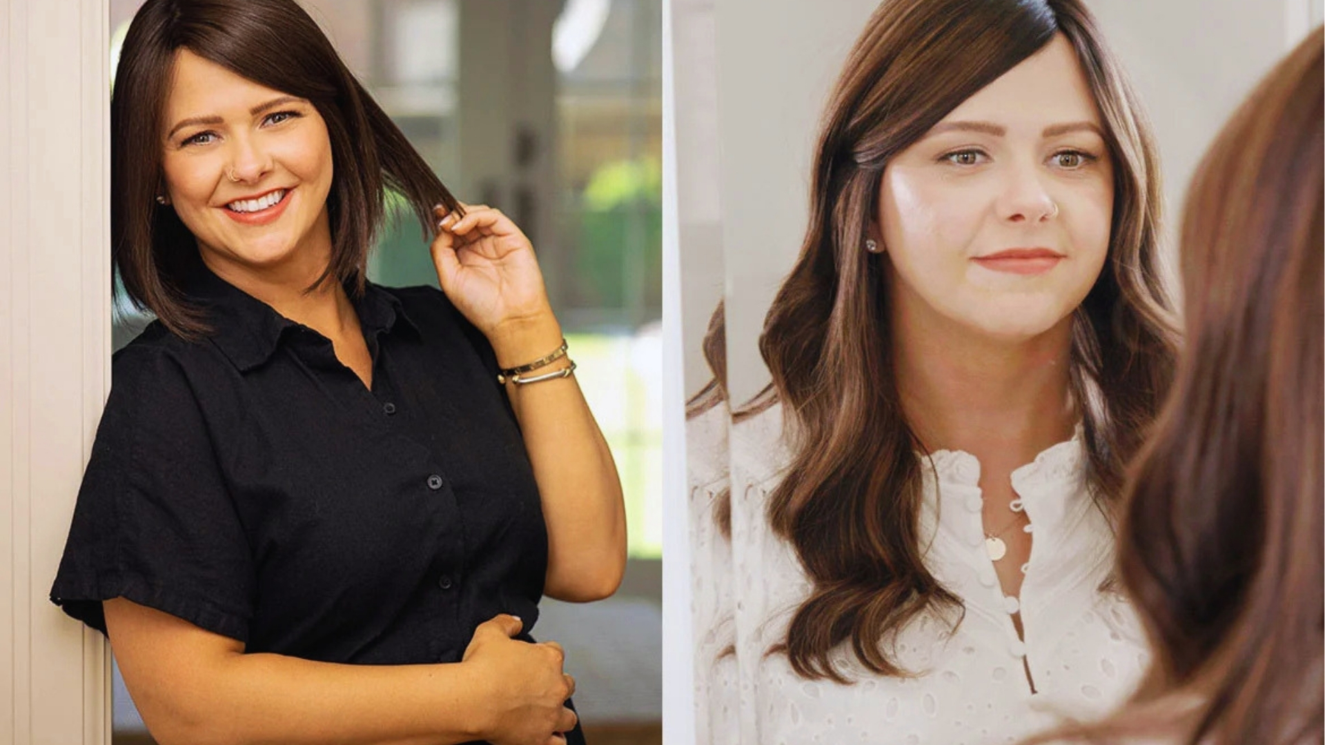 A woman with dark hair is pictured in two poses. On the left, she smiles in a black shirt, leaning against a wall. On the right, she gazes into a mirror, wearing a white blouse. The mood is warm and reflective.