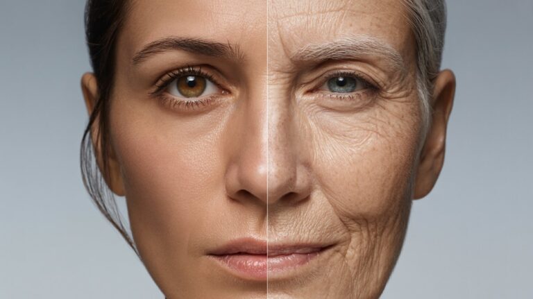 A split image showing half a young woman's face with smooth skin and half an older woman's face with wrinkles, illustrating aging contrast on a gray background.