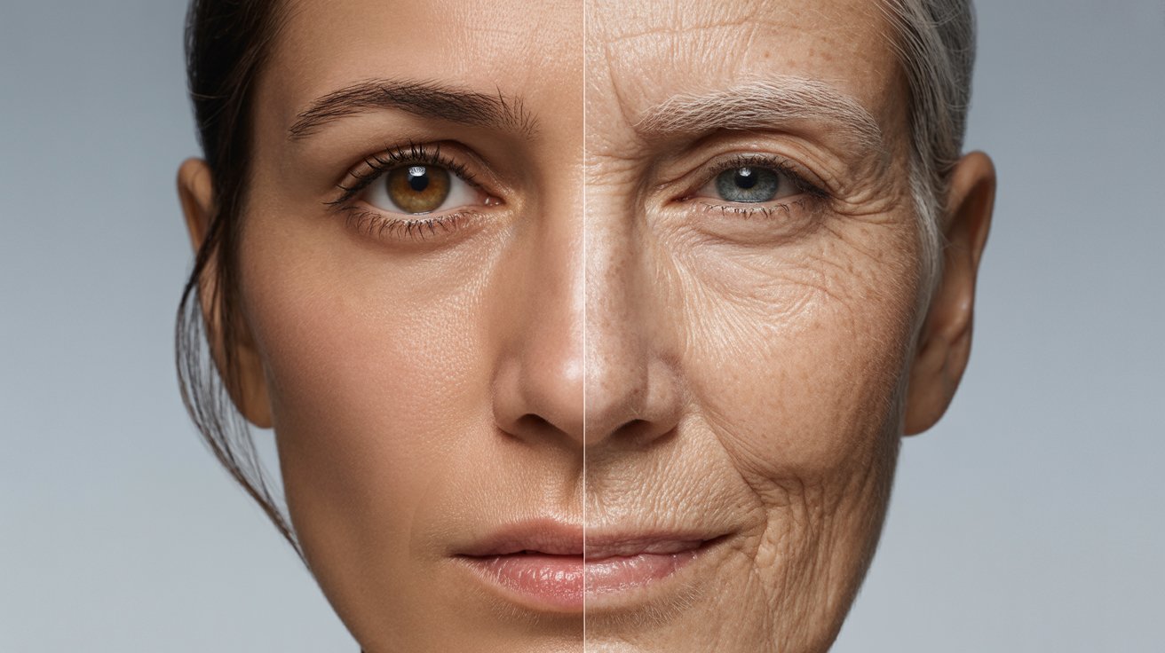 A split image showing half a young woman's face with smooth skin and half an older woman's face with wrinkles, illustrating aging contrast on a gray background.