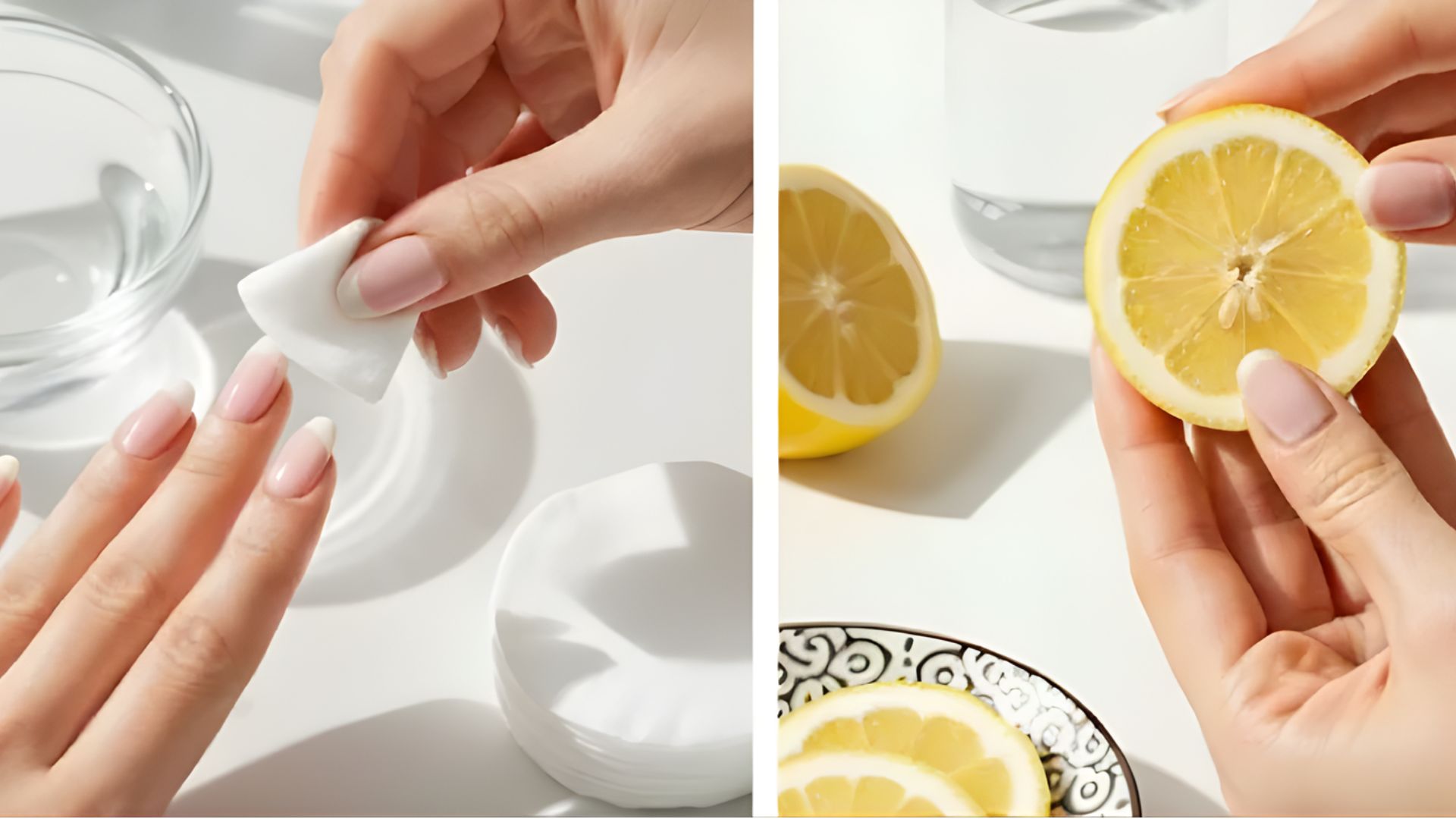 Split image: Left shows a hand cleaning nails with a cotton pad; right shows a hand holding a lemon half, suggesting a natural skincare routine. Bright, clean setting.