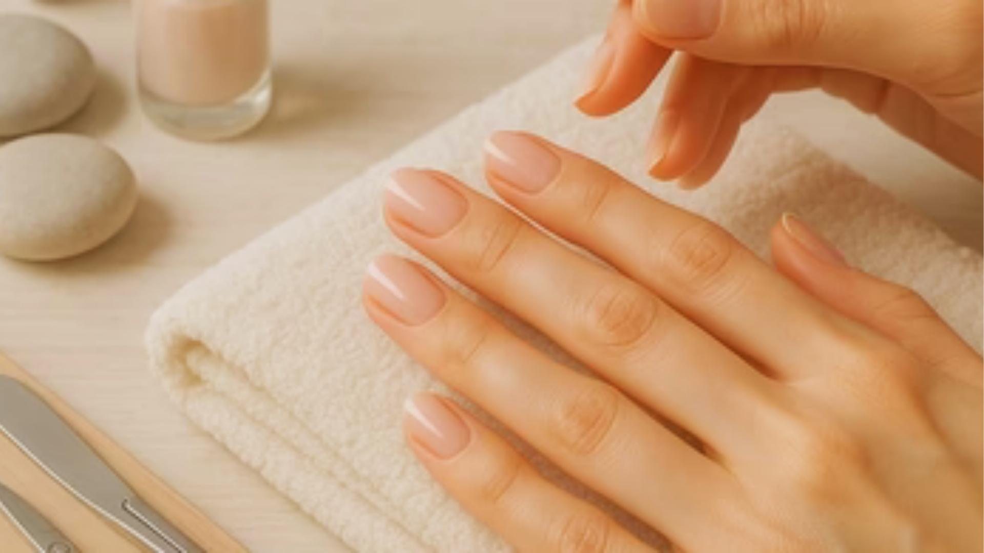 Hands with nude polished nails rest on a white towel, surrounded by spa items like pebbles, nail tools, and a polish bottle, conveying relaxation.