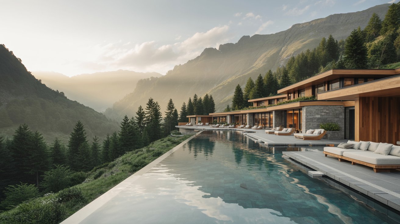 Luxurious mountainside villa with a sleek infinity pool overlooking a valley. Modern design with wooden accents, surrounded by lush pine trees. Serene and tranquil.