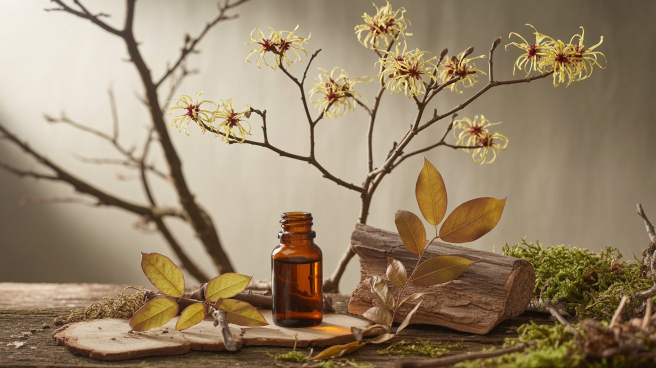 An amber glass bottle sits on wooden slices, surrounded by branches of yellow witch hazel blooms and autumn leaves, evoking a serene, natural scene.