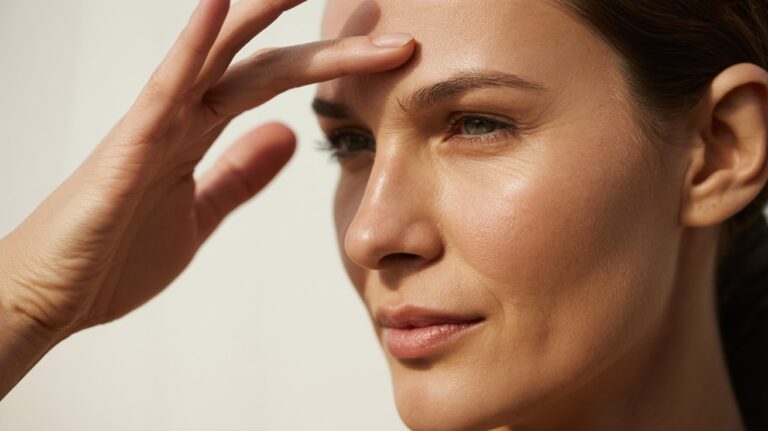 Close-up of a woman's face with her hand shielding her eyes from the sun. Her expression is serene and thoughtful, with a soft background.