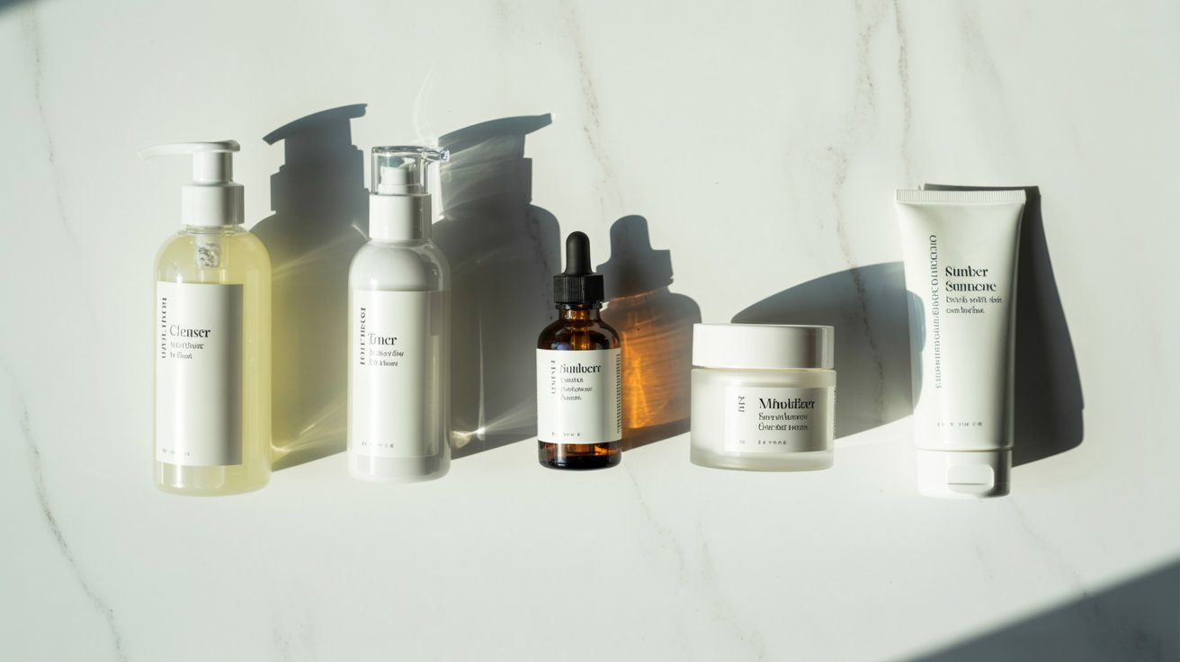 Skincare products on a white marble surface under bright sunlight. Includes a cleanser, toner, serum, cream, and sunscreen, casting long shadows.