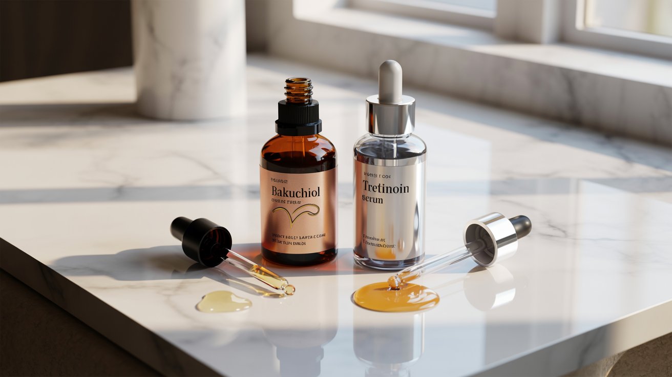 Two skincare bottles labeled Bakuchiol and Tretinoin serum sit on a sunlit marble counter. Droppers beside them reveal a creamy and golden liquid.