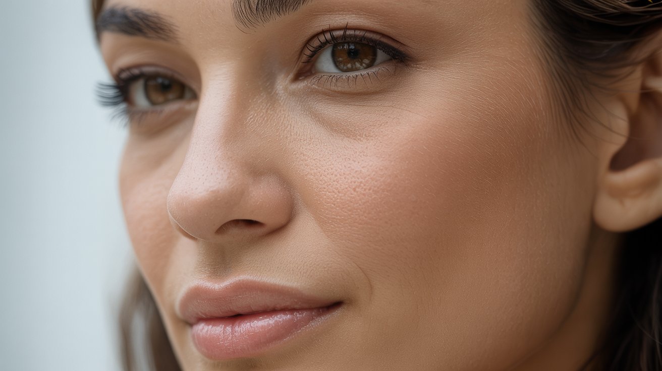Close-up of a woman's face showing smooth skin and a serene expression. Her brown eyes look into the distance, conveying a calm and thoughtful mood.