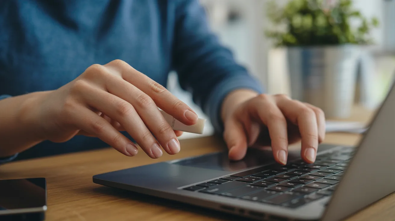 Hands typing on a laptop keyboard, one hand holding a credit card. A smartphone and a plant are in the background, indicating online shopping.