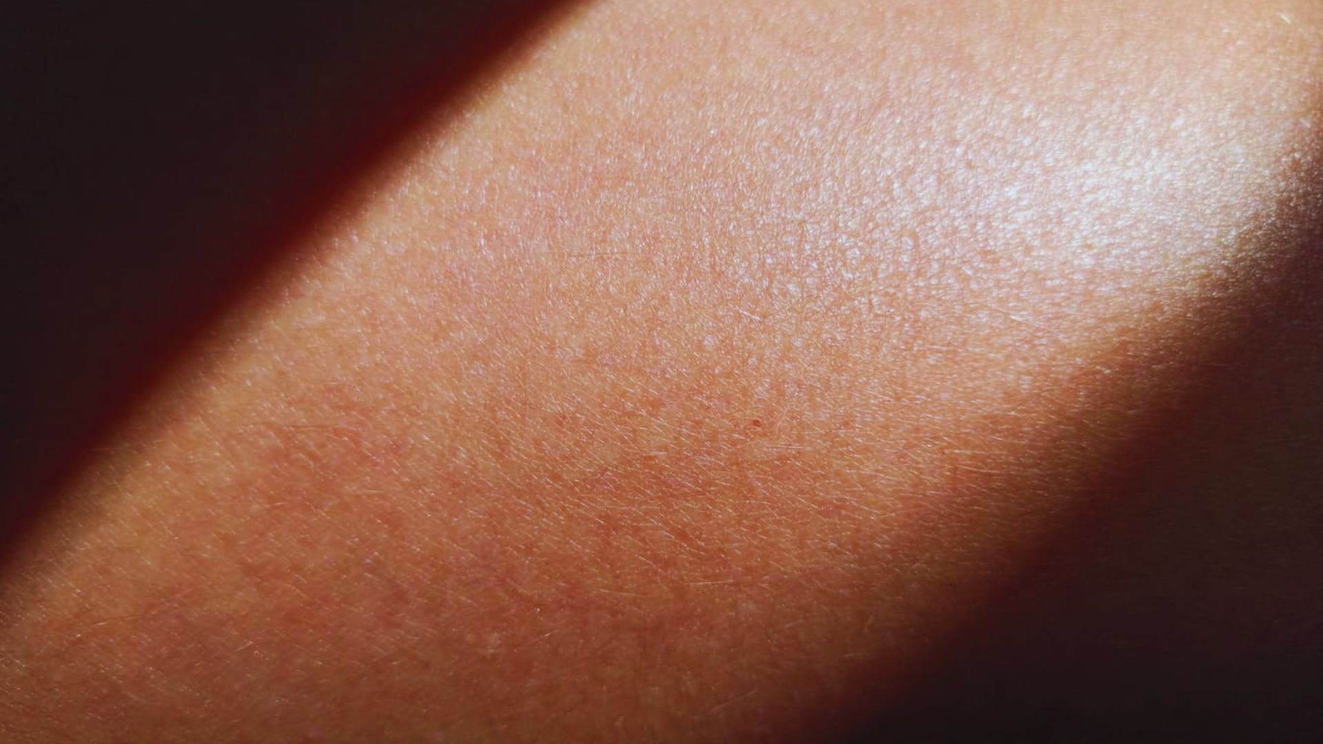 Close-up of human skin with fine texture, slight hair, and warm lighting casting a shadow, conveying a natural and serene tone.