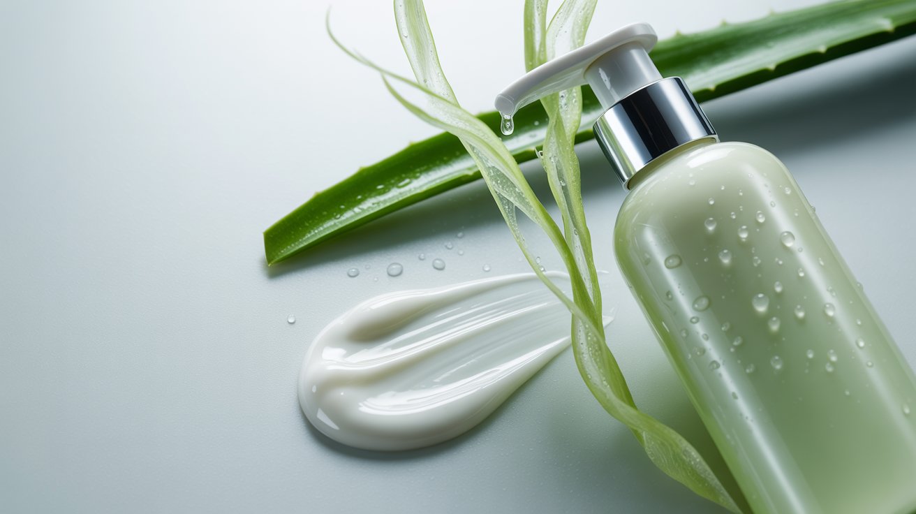 A green pump bottle with water droplets, aloe vera leaf, and cream swirl on a light background, suggesting freshness and skincare.