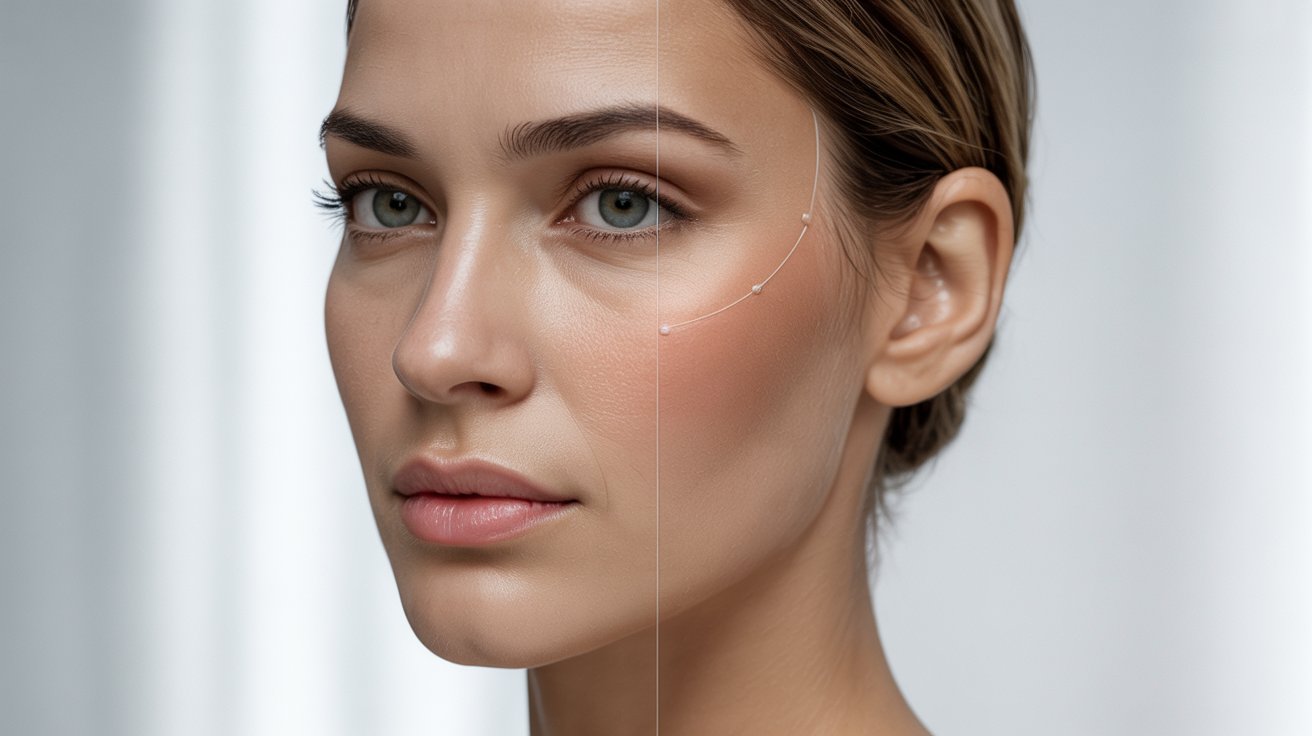 A woman's face is split into two sections, showcasing a contrast in skin texture. The left side appears natural, while the right is smooth, with a digital effect.