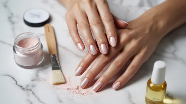 Hands with pastel pink and silver manicured nails rest on a marble surface. Nearby are a makeup brush, pink powder, and a bottle of cuticle oil.