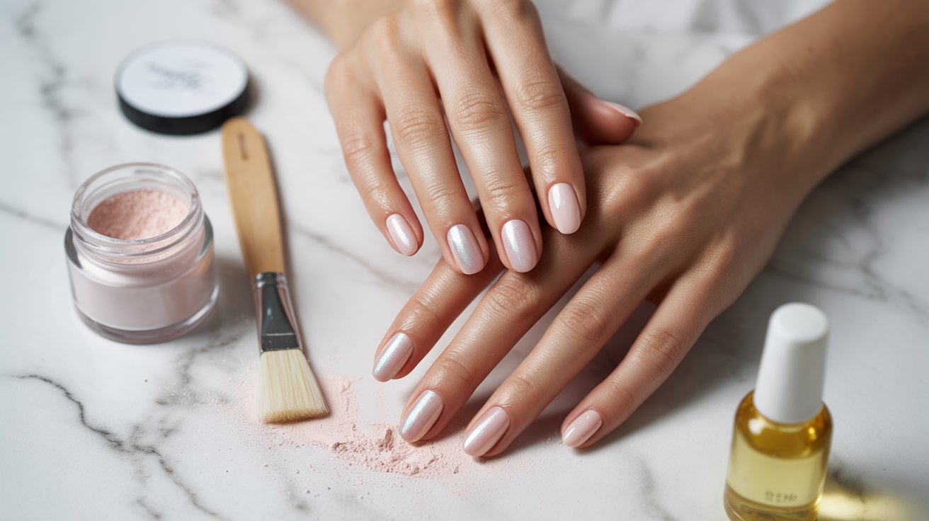 Hands with pastel pink and silver manicured nails rest on a marble surface. Nearby are a makeup brush, pink powder, and a bottle of cuticle oil.