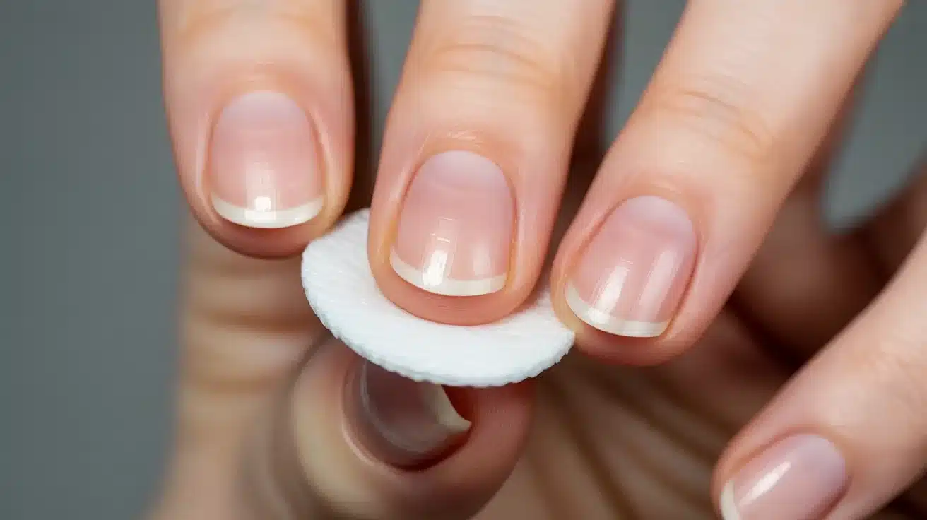 Close-up of a hand cleaning nails with a cotton pad. The nails are natural, well-manicured, and the background is a neutral gray, conveying a clean and tidy appearance.