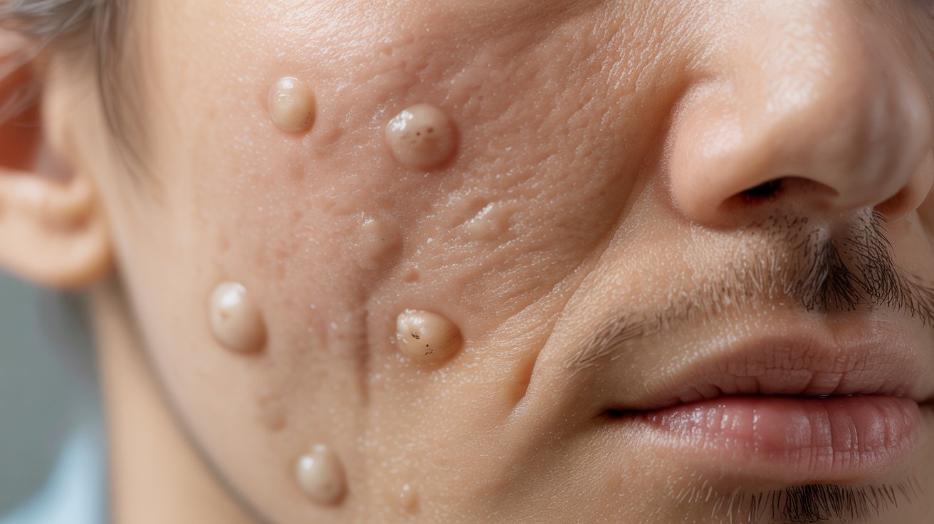 Close-up of a person's face with bumpy skin and noticeable pimples or cysts on the cheek. The skin appears textured and raised in areas.
