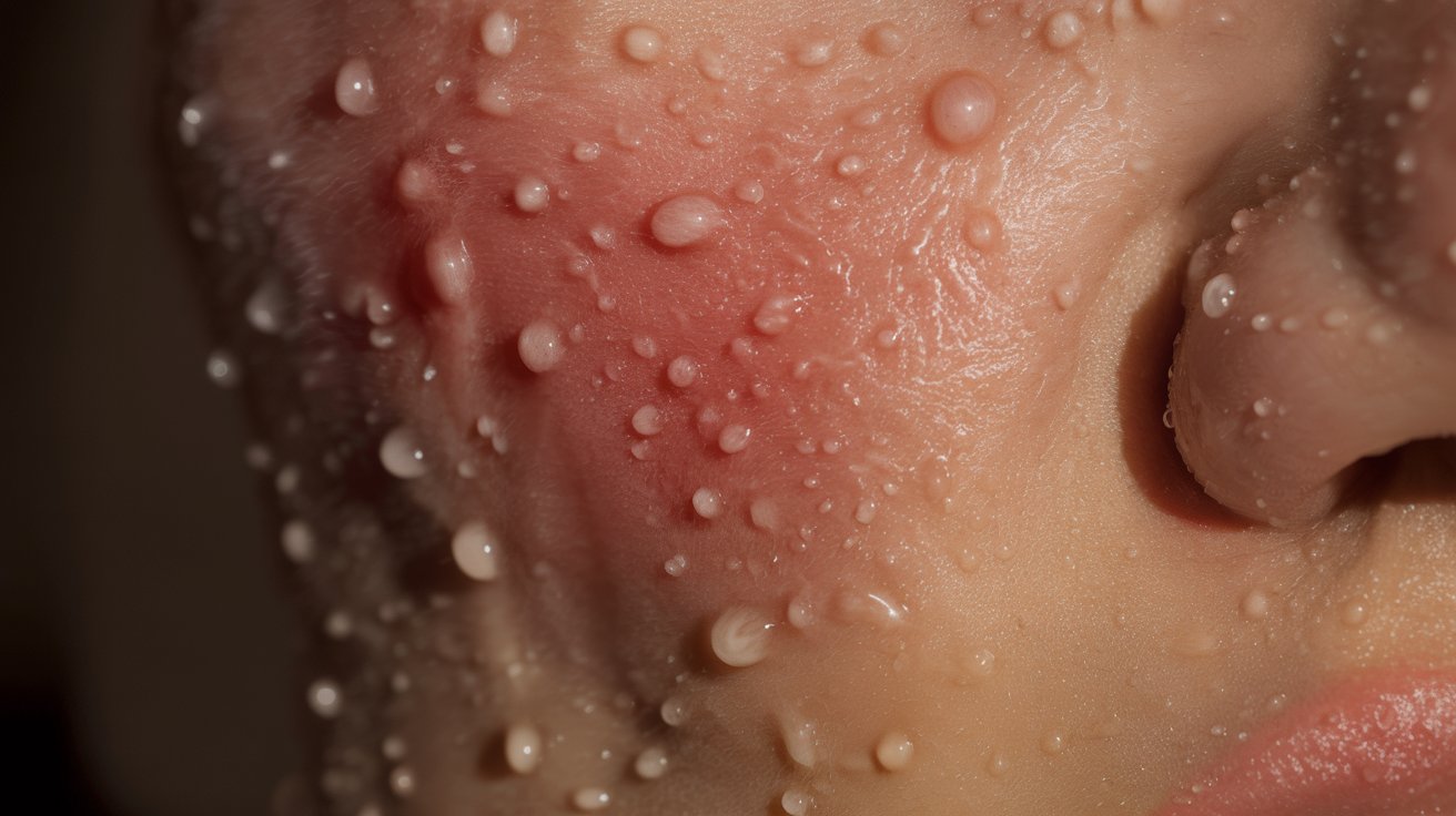 Close-up of a person's cheek with red irritation and moisture droplets. The texture appears both rough and smooth, conveying a sense of discomfort.