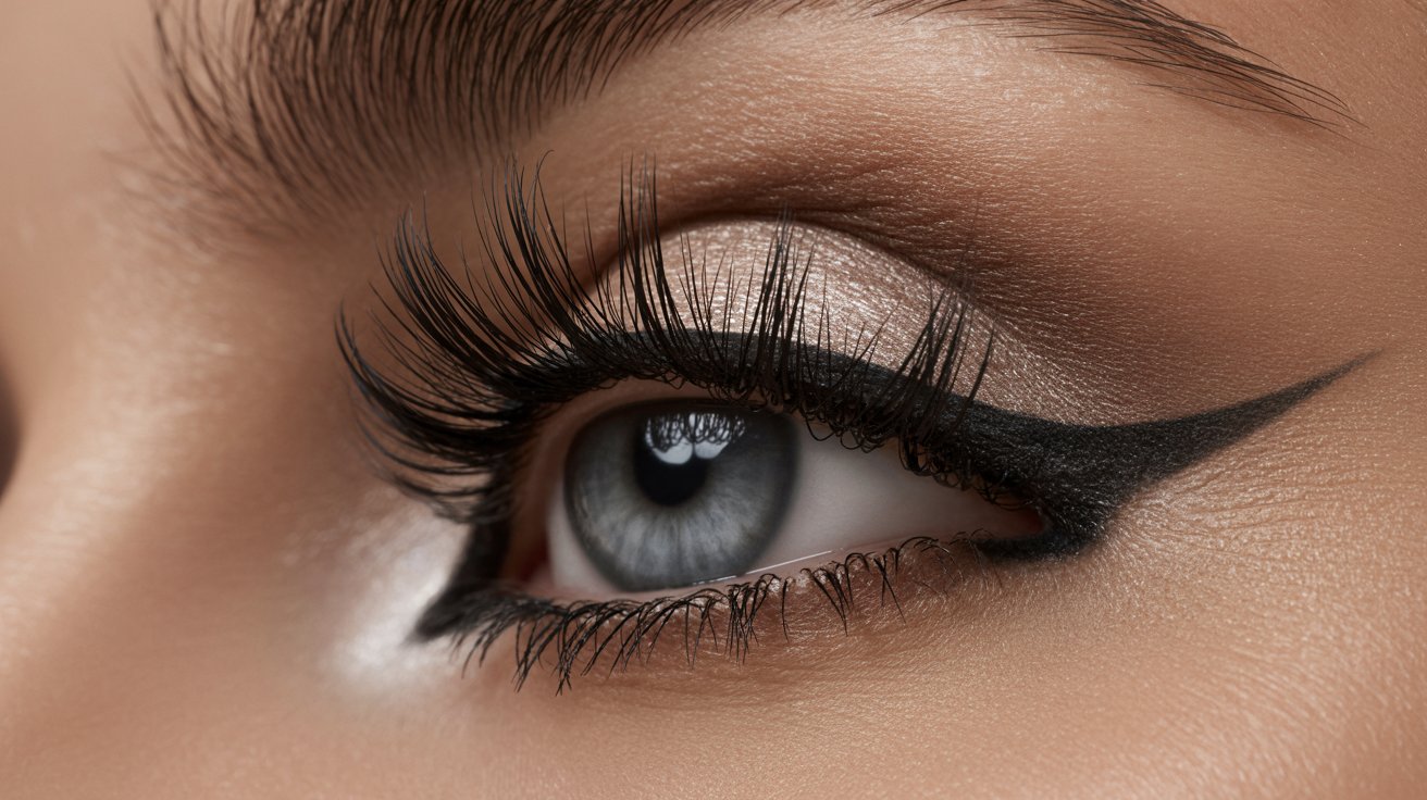 Close-up of a blue eye with dramatic makeup, featuring bold black eyeliner and thick lashes. The lid has shimmering nude eyeshadow. Elegant and striking.