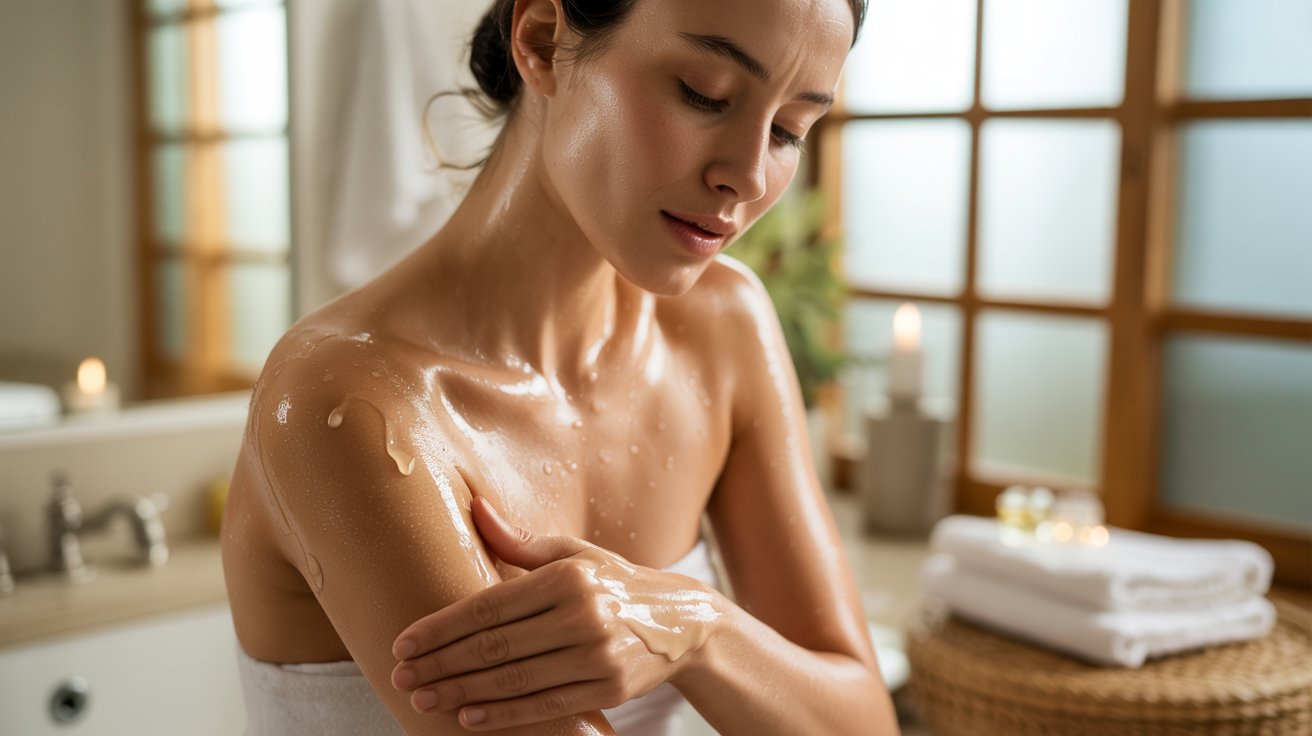 Woman in a serene bathroom applying oil to her shoulder. She wears a towel, with lit candles and folded towels in the background, creating a relaxing ambiance.