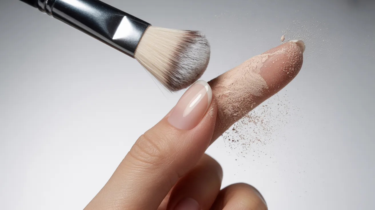 A close-up of a makeup brush sweeping loose powder off a fingertip, with fine particles dispersing. The tone is delicate and focused on beauty.