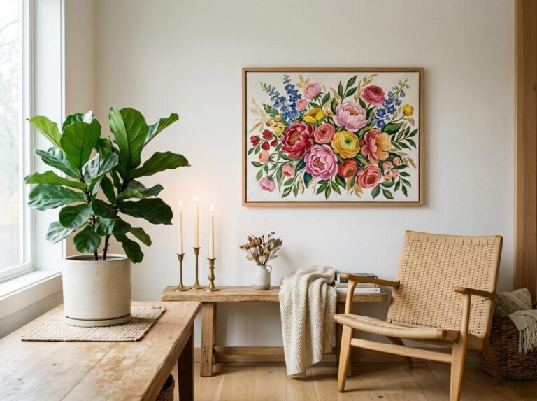 A wooden chair beside a vibrant painting of flowers, set in a cozy room with warm lighting.