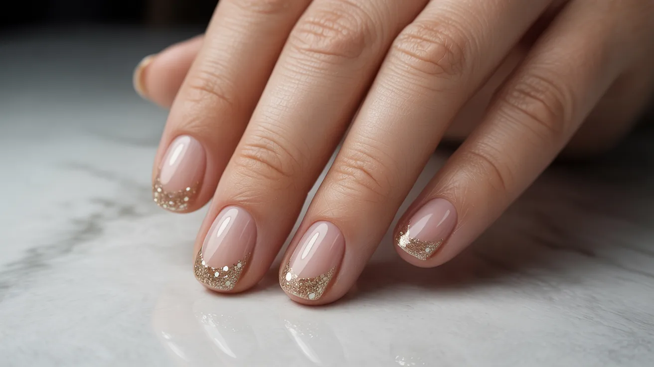 Close-up of a hand with elegant nails featuring a nude base and sparkly gold tips, resting on a marble surface, conveying a sense of sophistication and style.