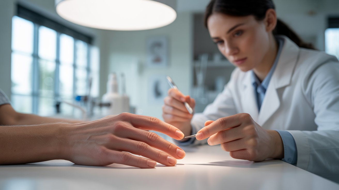 A focused female manicurist in a lab coat carefully shapes a client's nails under bright light in a modern salon, conveying precision and calm.
