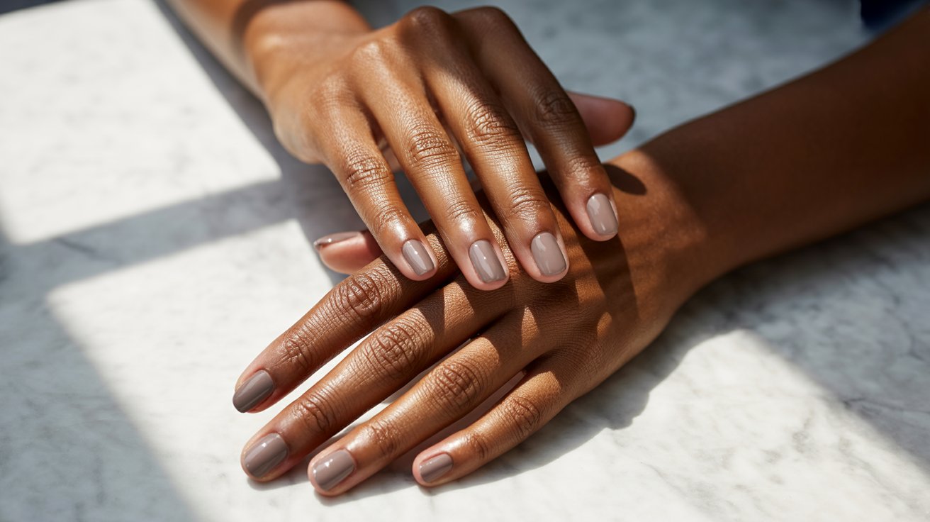 Two hands with neatly manicured, nude-colored nails rest on a sunlit marble surface. The composition conveys elegance and tranquility.