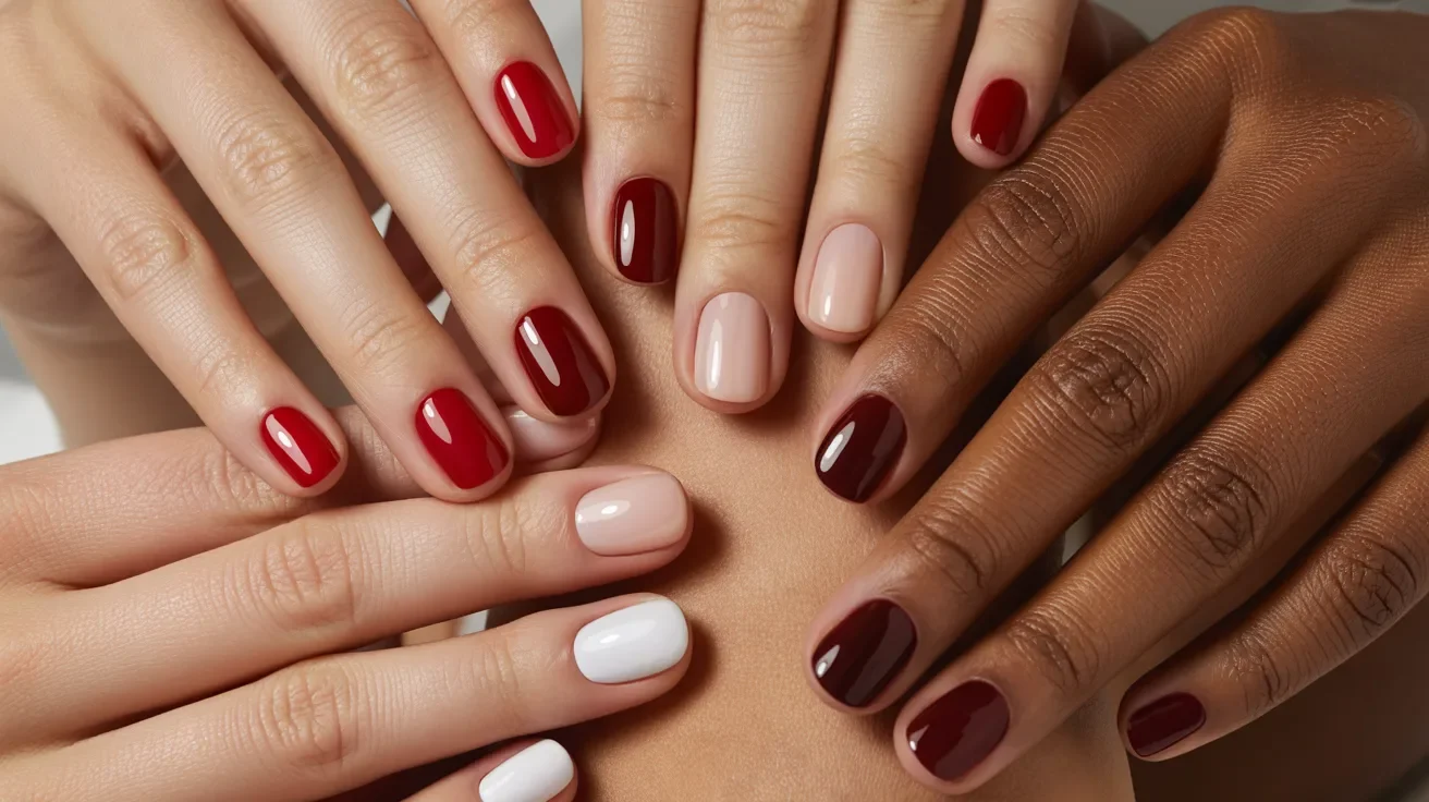 A collection of hands showcasing manicured nails in various shades of red, pink, and white. The diverse skin tones highlight elegant nail colors.