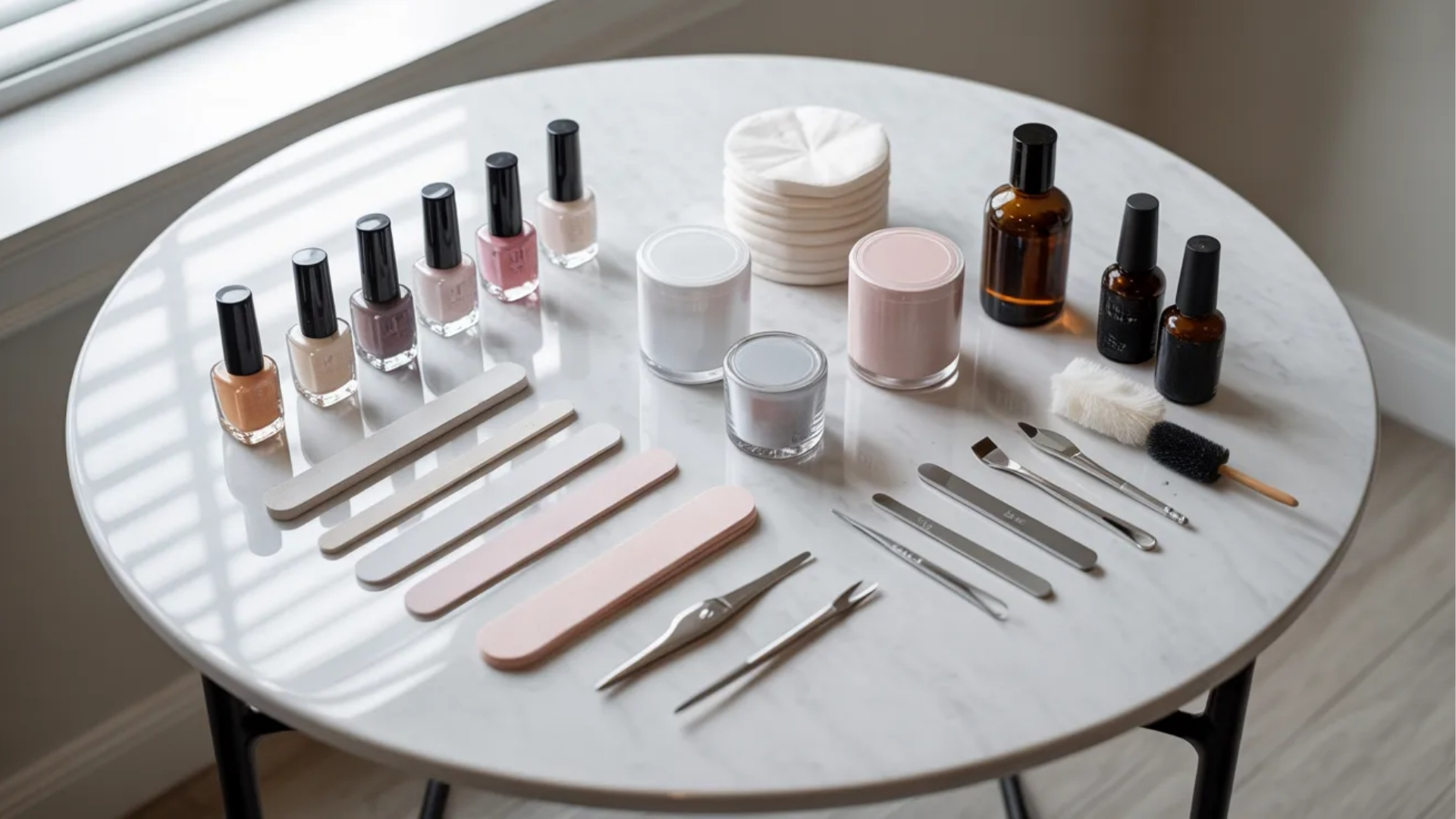 A round table with nail care supplies: nail polish bottles, files, jars, cotton pads, brushes, and metal tools. Sunlight streams through a window, creating a serene atmosphere.