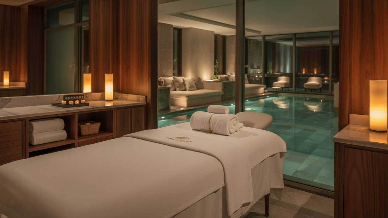 Luxurious spa room with a massage table, soft lighting, and candles. Large window reveals an indoor pool, creating a serene and tranquil atmosphere.