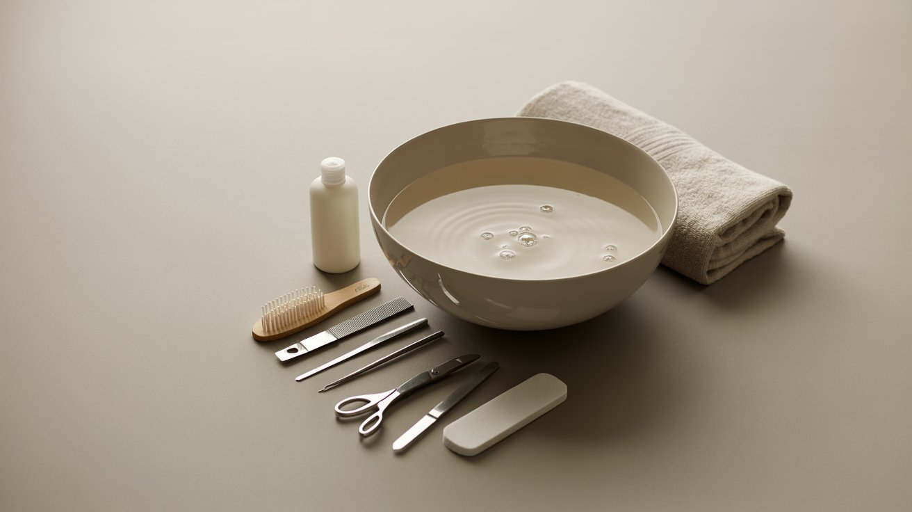 A serene setup of nail care tools on a beige surface. Includes a bowl of water, towel, bottle, scissors, clippers, file, and a brush. Calm, spa-like ambiance.