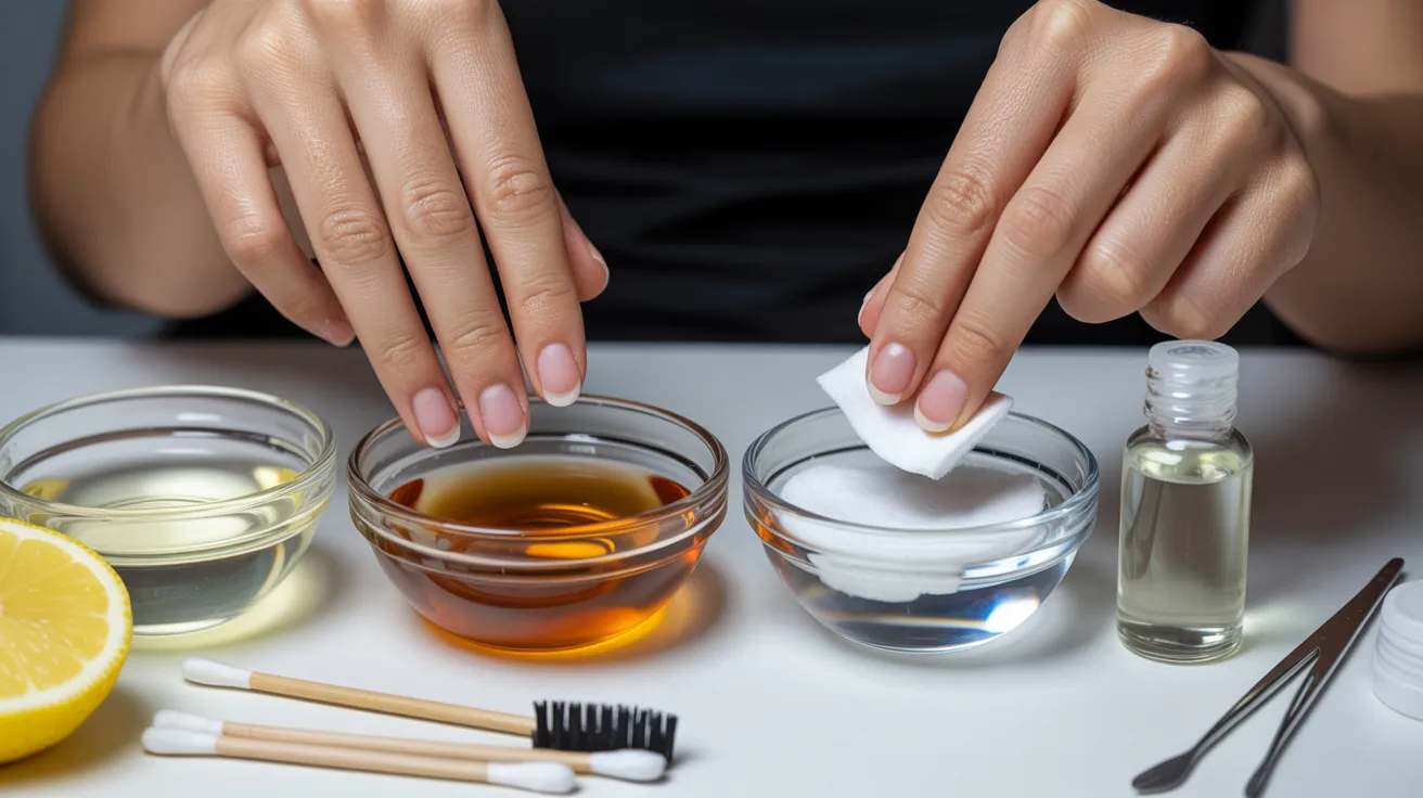 Hands prepare beauty remedies with lemon, cotton pads, q-tips, small brushes, and three bowls of oils or liquids on a white table, conveying a DIY skincare vibe.