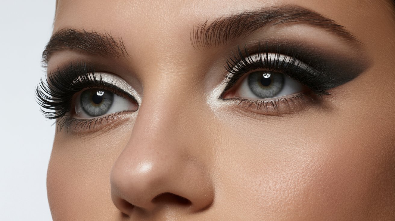Close-up of a woman's eyes with dramatic makeup. Bold eyelashes, dark eyeshadow, and highlighted inner corners create an intense, captivating look.