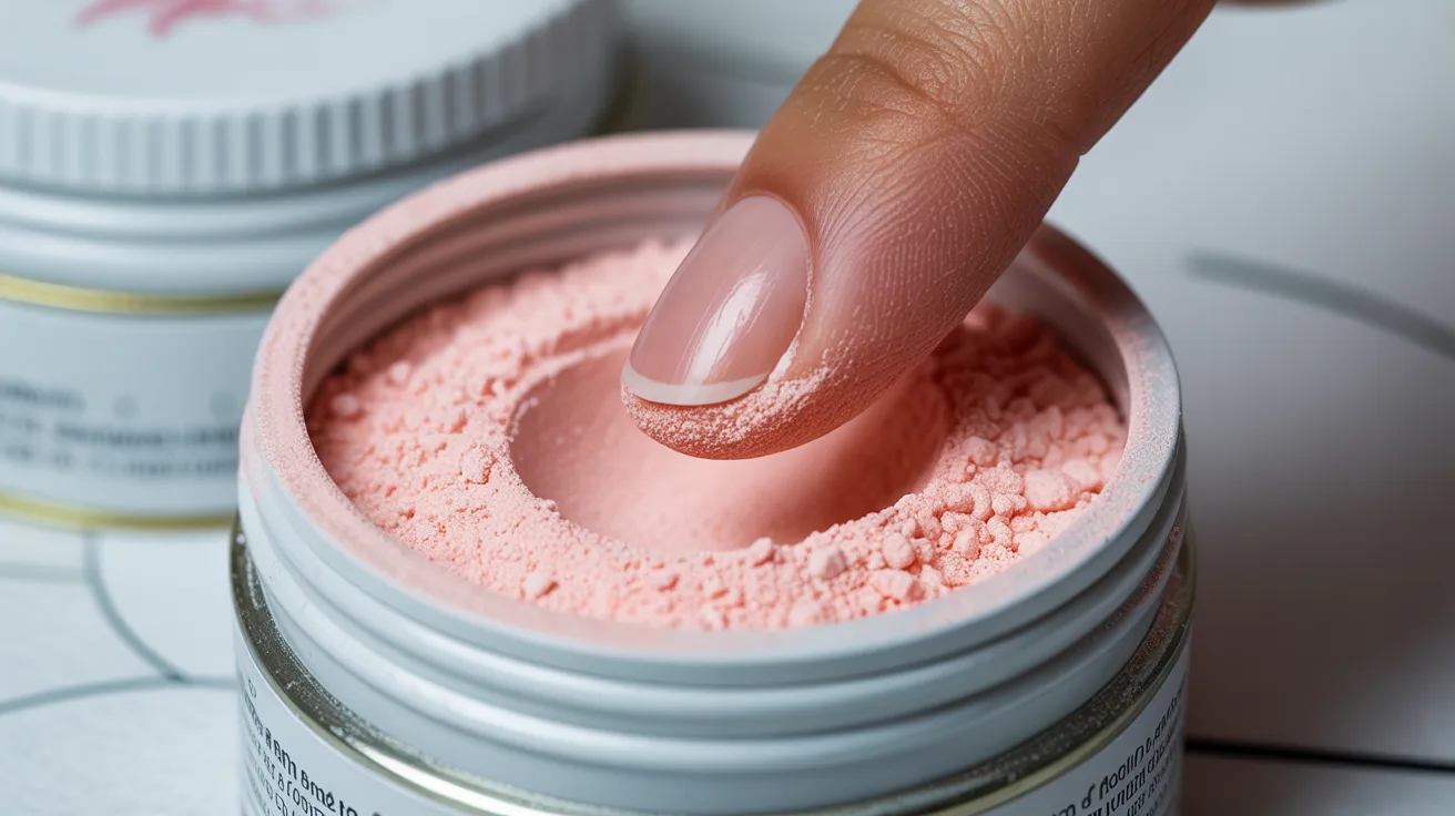 A close-up of a hand with a manicured nail gently dipping into a jar of pink powder. The scene is calming, highlighting beauty and self-care.