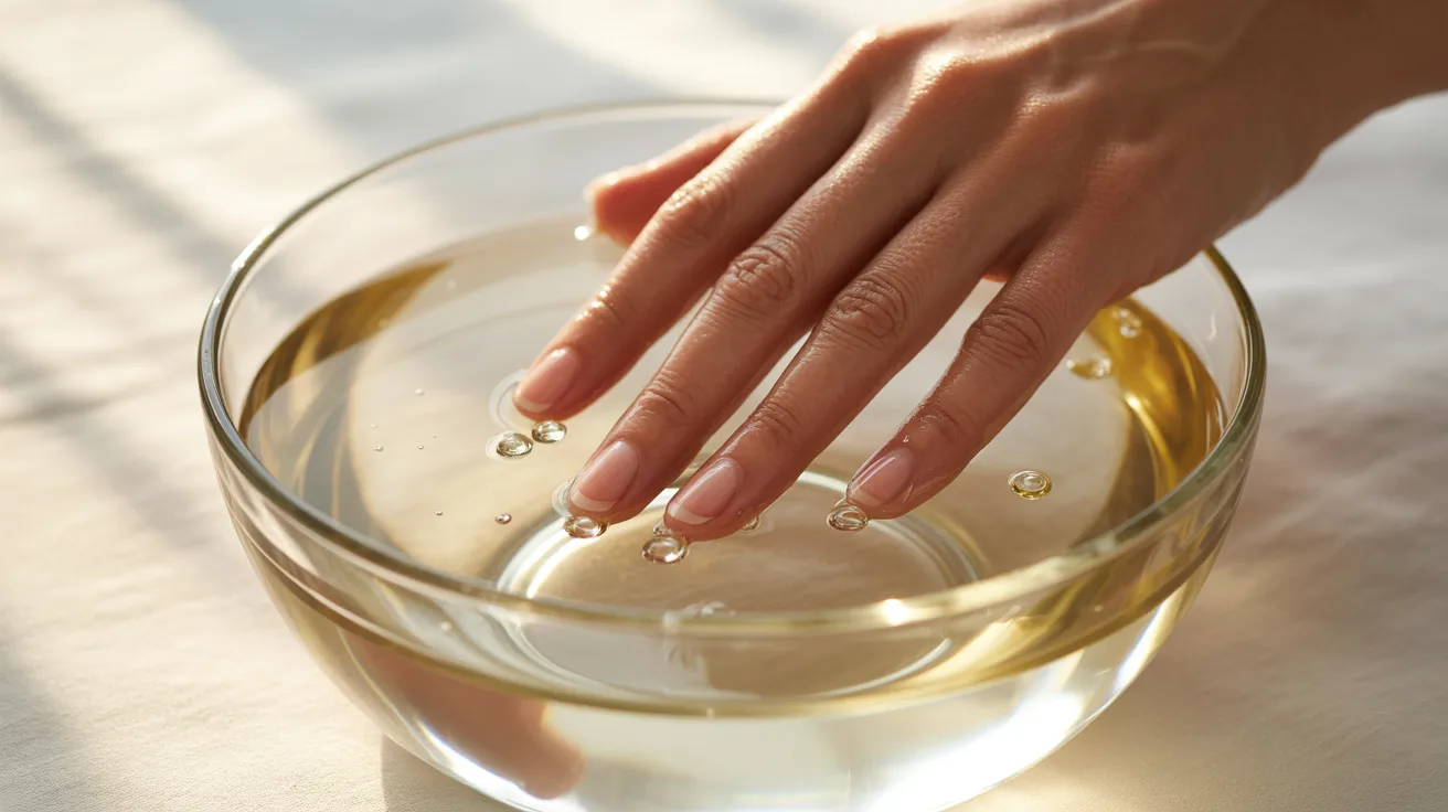 A hand gently immerses fingers into a clear bowl of water on a sunlit surface. The scene conveys tranquility and self-care, highlighted by softly diffused light.