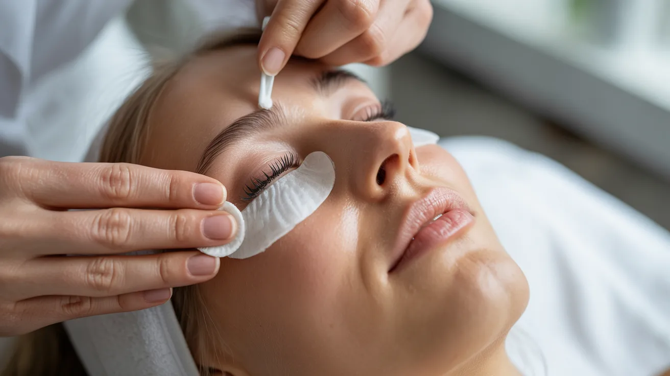 A woman is lying down with closed eyes, receiving a beauty treatment. Cotton under-eye pads are applied, while hands work gently with a cotton swab. Calm ambiance.