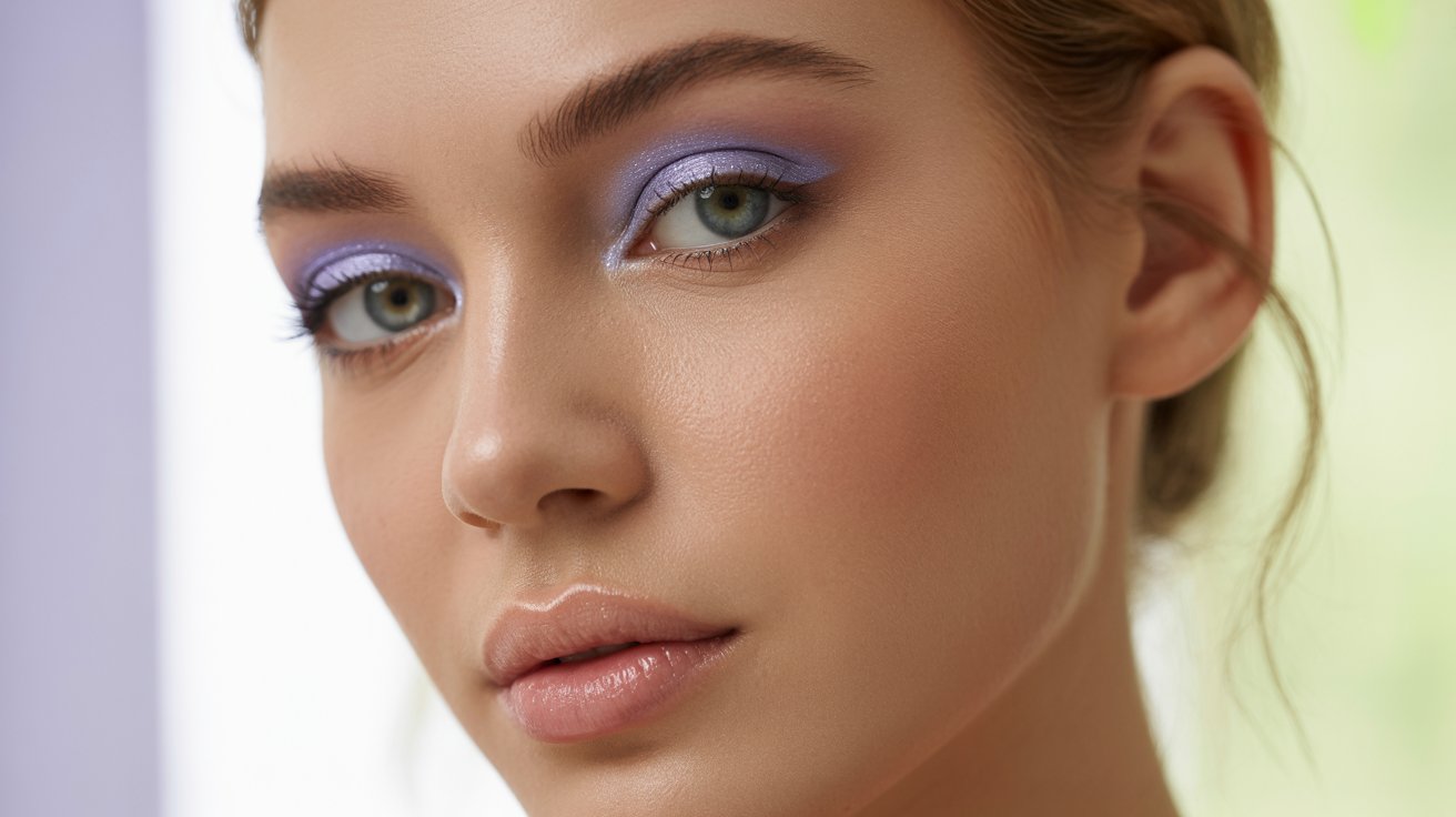 Young woman with soft purple eyeshadow and glossy lips, looking confident. The background is blurred with hints of green and purple, creating a serene tone.