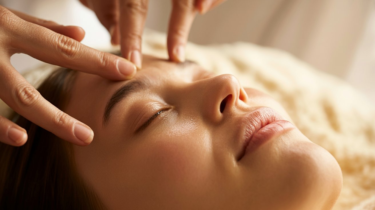 A person enjoys a relaxing facial massage with closed eyes, gentle hands pressing on their forehead. The scene conveys calmness and tranquility.