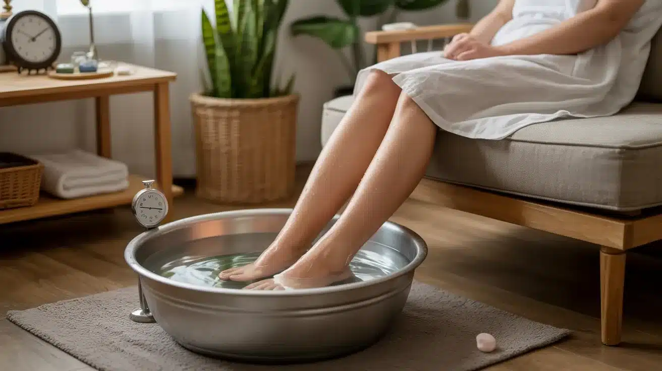 A person sitting on a sofa with legs soaking in a metal basin filled with water, surrounded by a timer and plant, conveying relaxation at home.