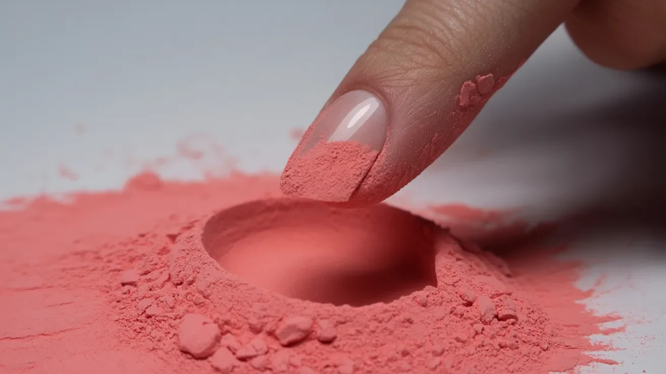 A fingertip with polished nails presses into vivid pink powder, creating a small dent. The scene conveys a tactile, playful exploration of texture.