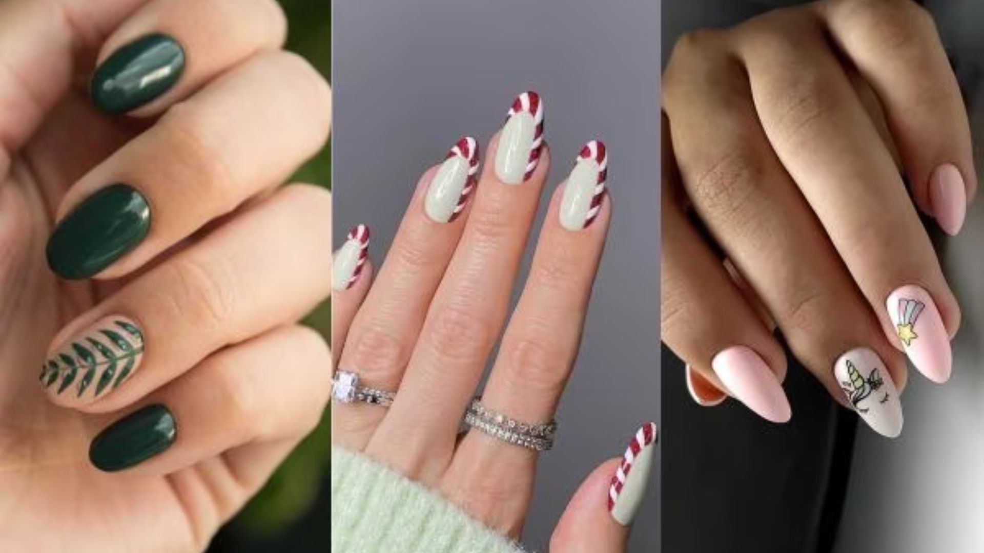 Three hands display festive nail art: one with dark green polish and leaf design, one with candy cane stripes, and one with pink polish and unicorn art.