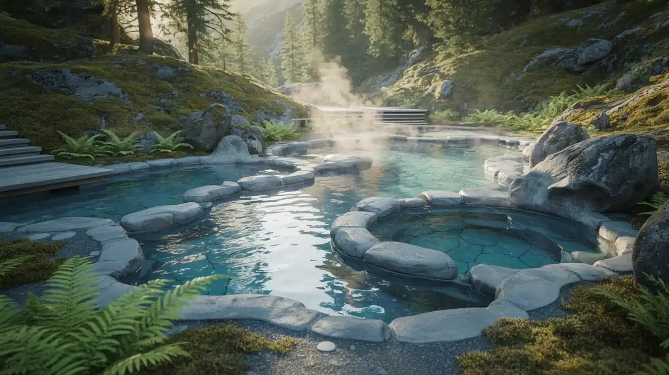 A serene natural hot spring surrounded by lush greenery and rocks, with steam rising from the water. Sunlight filters through tall pine trees.