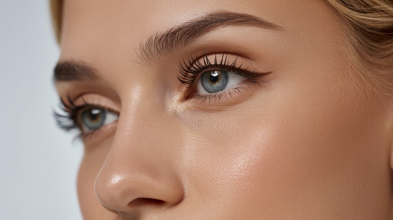 Close-up of a woman's face highlighting clear, bright blue eyes, long eyelashes, and smooth skin, conveying a fresh and natural beauty.